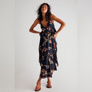 Free People Audrey Embroidered Maxi Dress Floral Navy Blue S